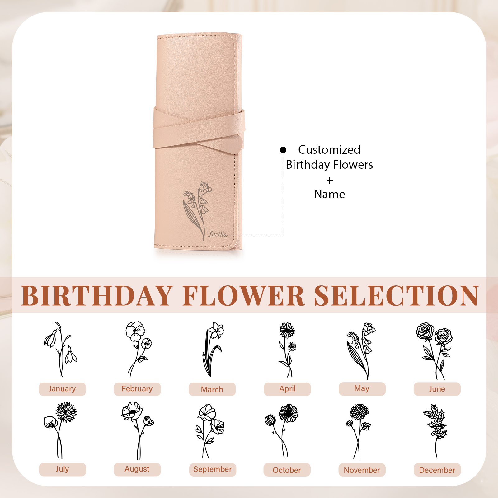 Personalised Jewellery Storage Roll Custom Birthday Flower Design Romantic Gift for Her | Jessemde