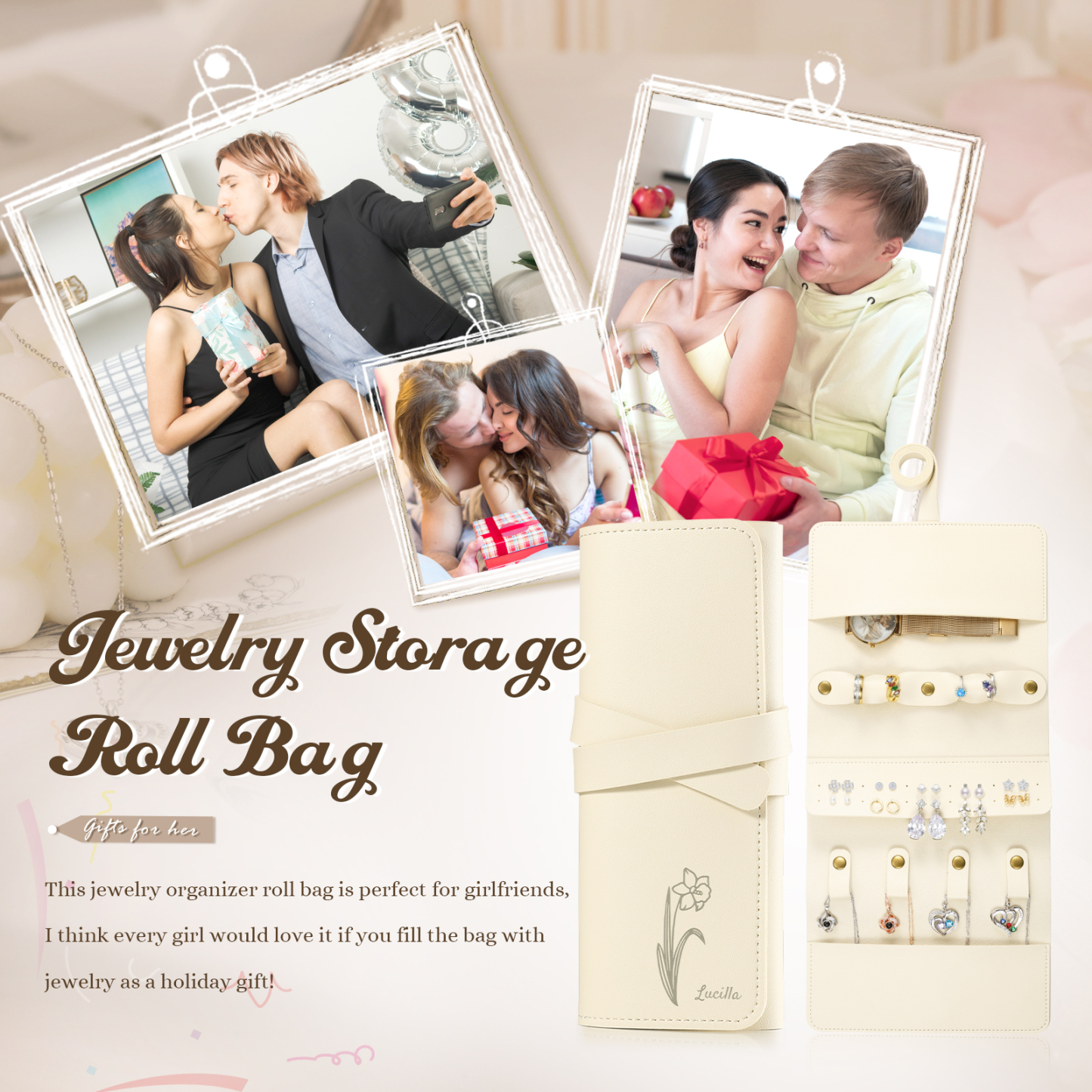 Personalised Jewellery Storage Roll Custom Birthday Flower Design Romantic Gift for Her | Jessemde