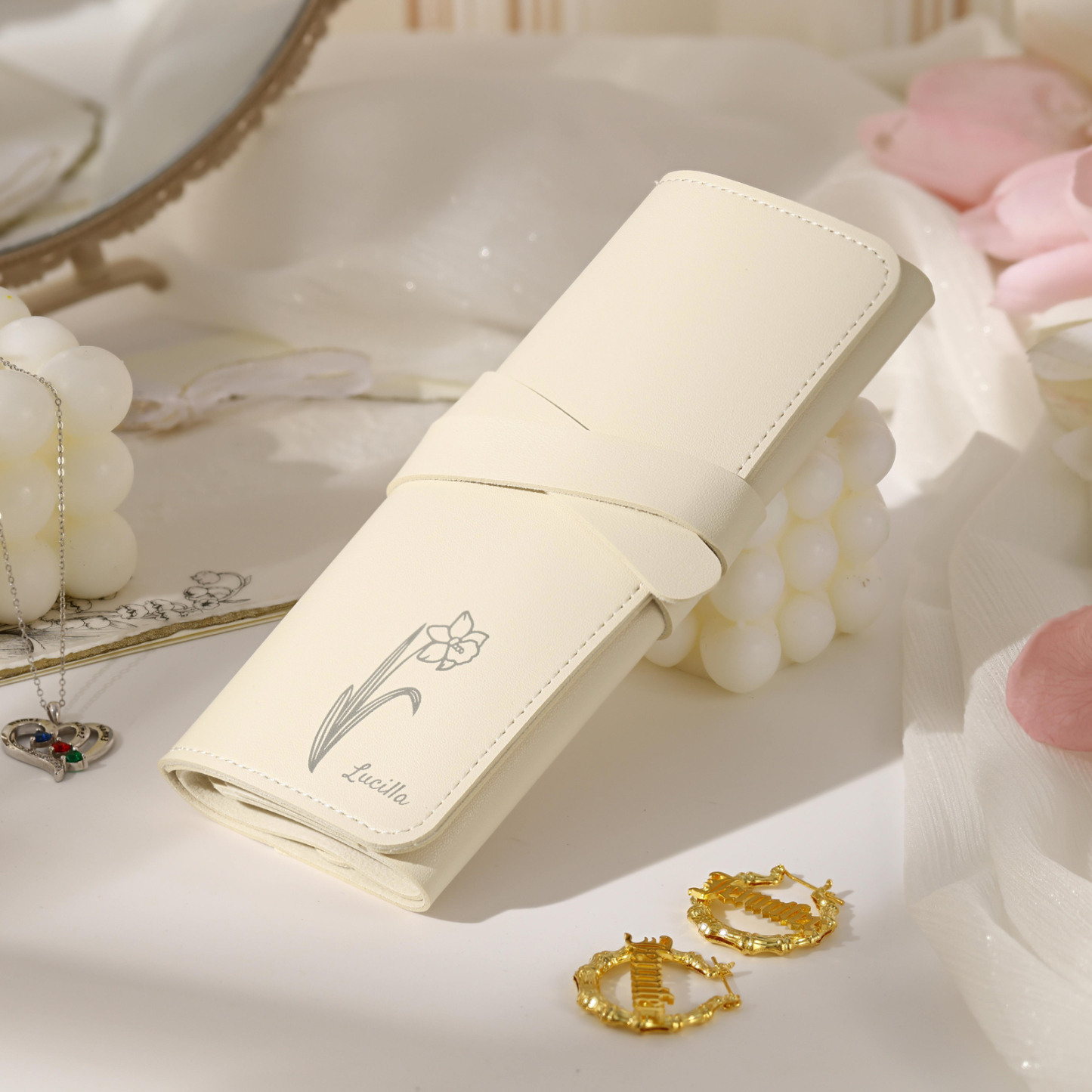 Personalised Jewellery Storage Roll Custom Birthday Flower Design Romantic Gift for Her | Jessemde
