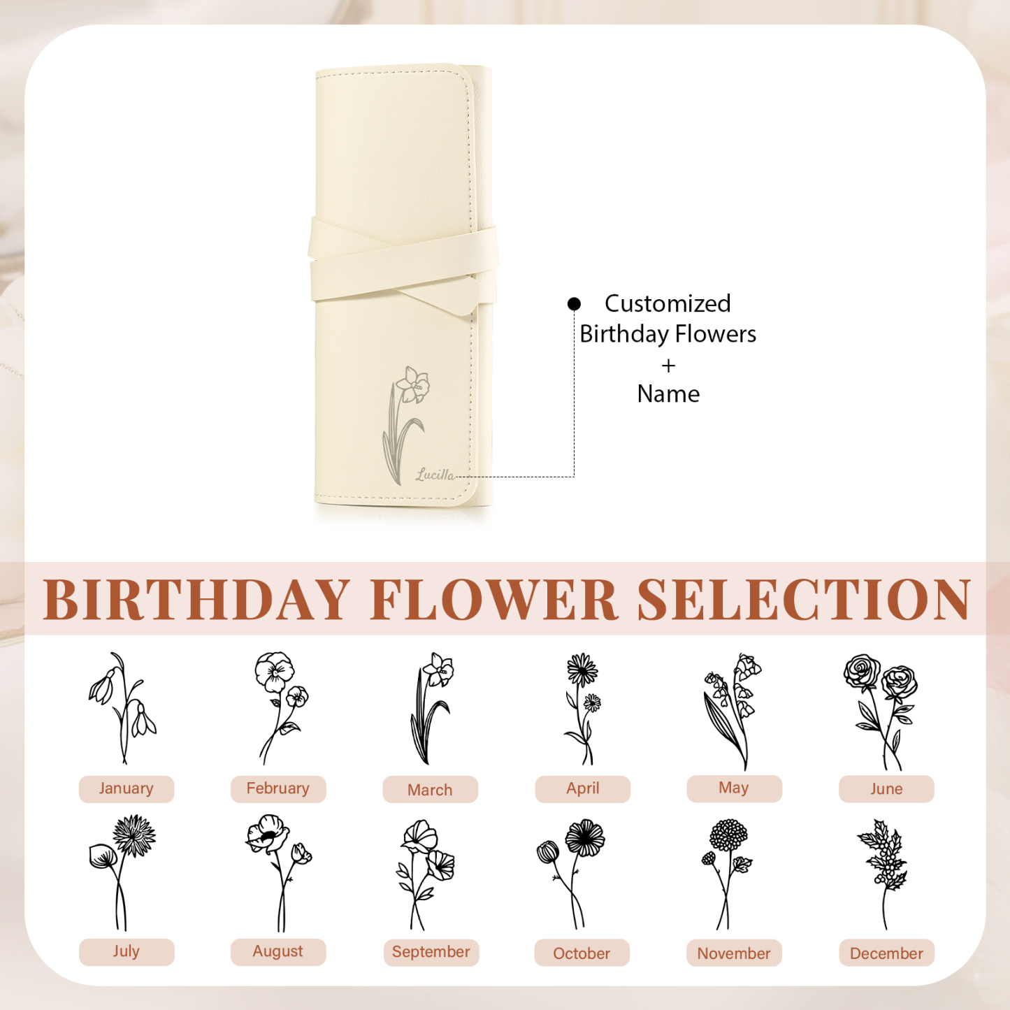 Personalised Jewellery Storage Roll Custom Birthday Flower Design Romantic Gift for Her | Jessemde