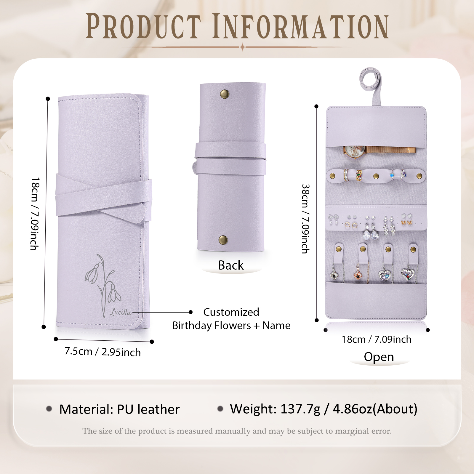 Personalised Jewellery Storage Roll Custom Birthday Flower Design Romantic Gift for Her | Jessemde