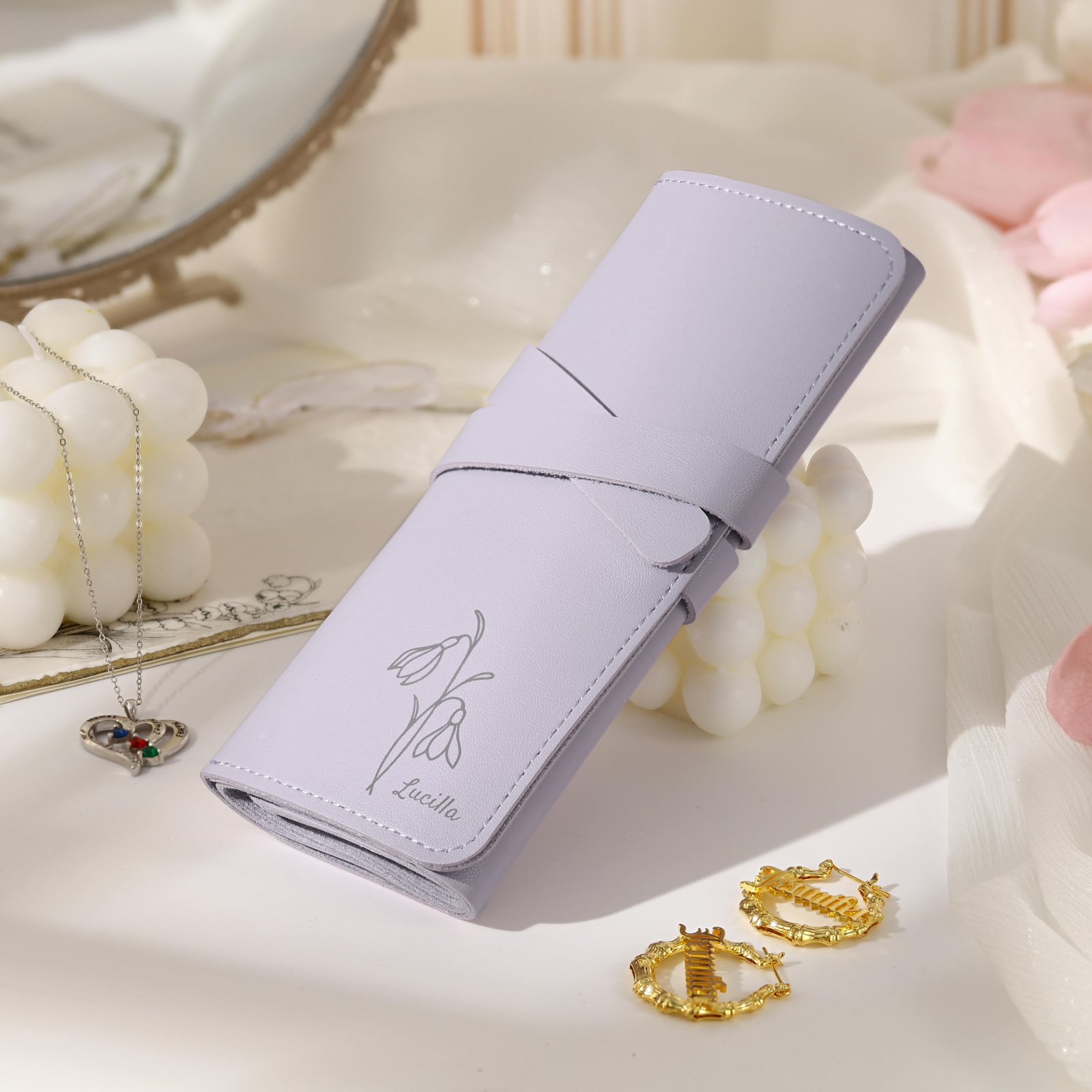 Personalised Jewellery Storage Roll Custom Birthday Flower Design Romantic Gift for Her | Jessemde