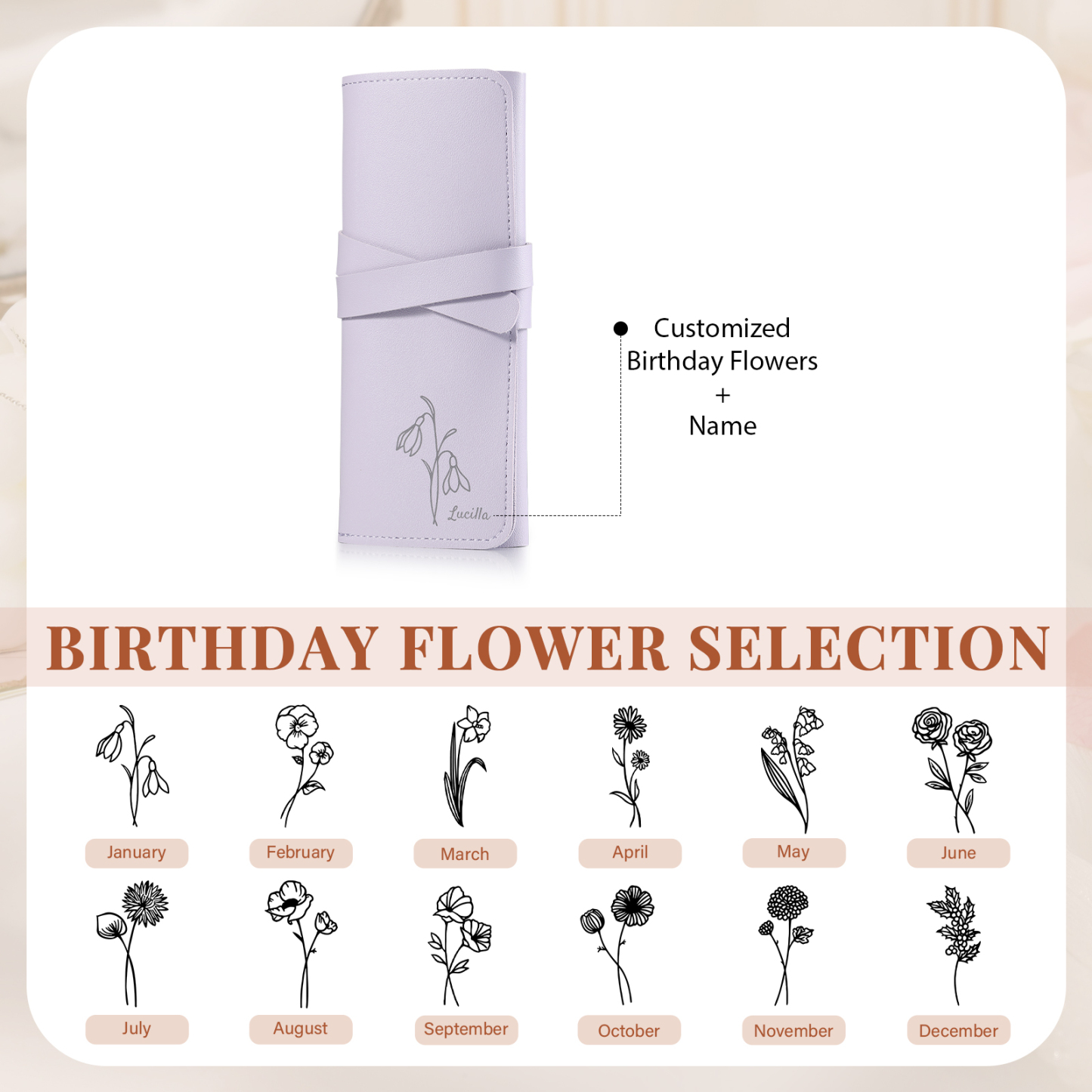Personalised Jewellery Storage Roll Custom Birthday Flower Design Romantic Gift for Her | Jessemde