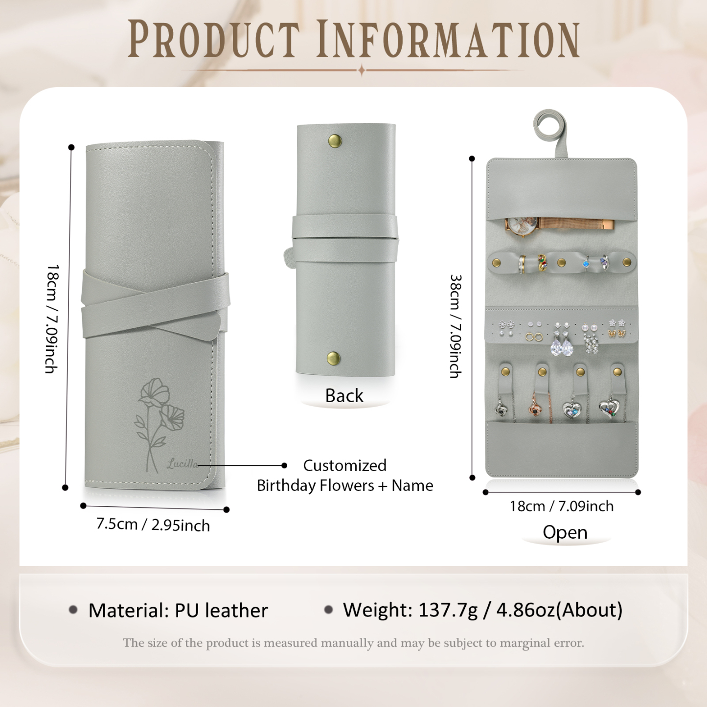 Personalised Jewellery Storage Roll Custom Birthday Flower Design Romantic Gift for Her | Jessemde