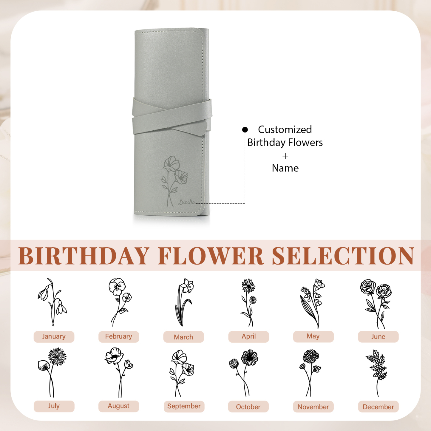 Personalised Jewellery Storage Roll Custom Birthday Flower Design Romantic Gift for Her | Jessemde