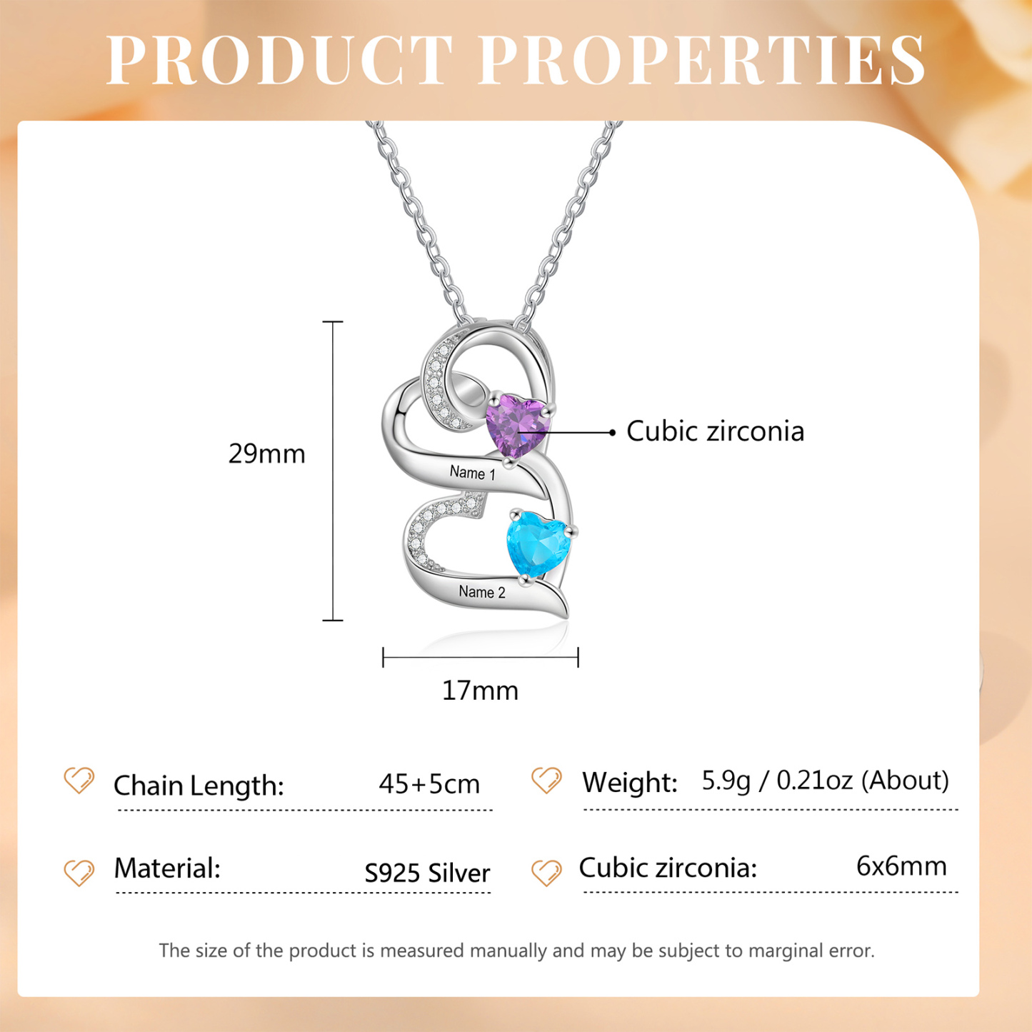 Personalised S925 Silver Double Heart Necklace Custom 2 Birthstones and Names Gift for Her