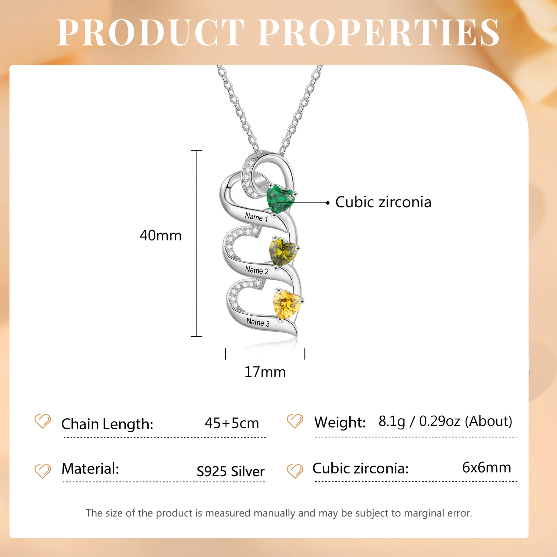 Personalised S925 Silver Heart Necklace Custom 3 Birthstones and Names Gift for Her