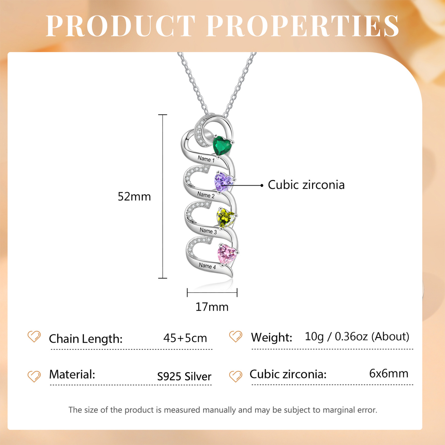 Personalised S925 Silver Heart Necklace Custom 4 Birthstones and Names Gift for Her