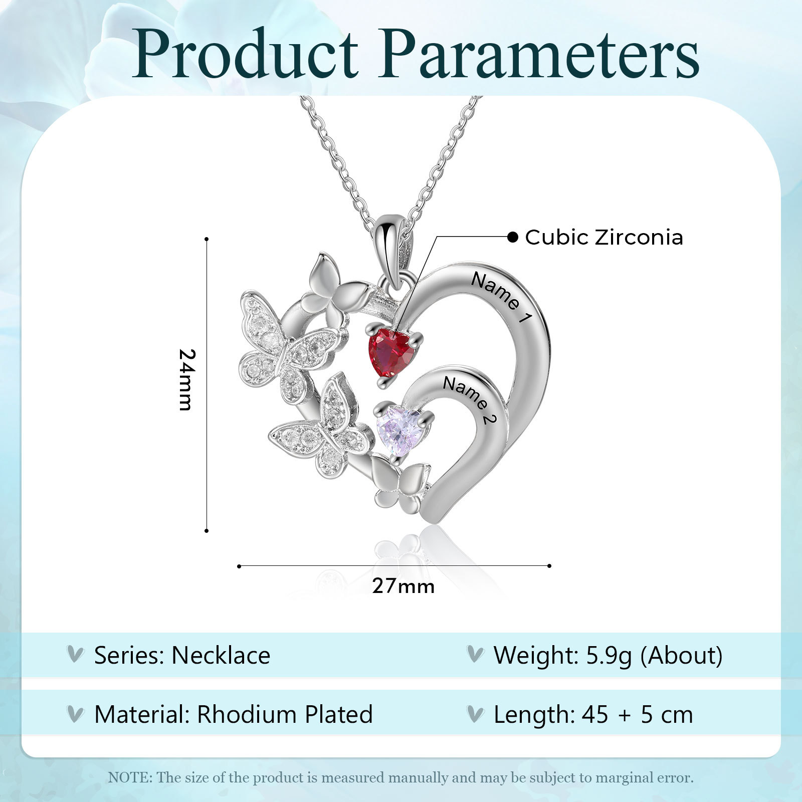 Personalised Necklace Butterfly Custom 2 Birthstones and 2 Names Ideal Jewelry for Her | Jessemade