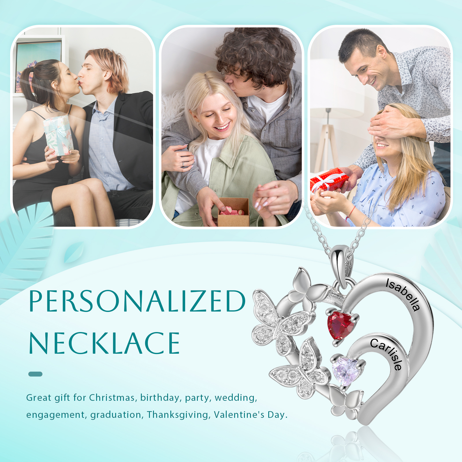 Personalised Necklace Butterfly Custom 2 Birthstones and 2 Names Ideal Jewelry for Her | Jessemade