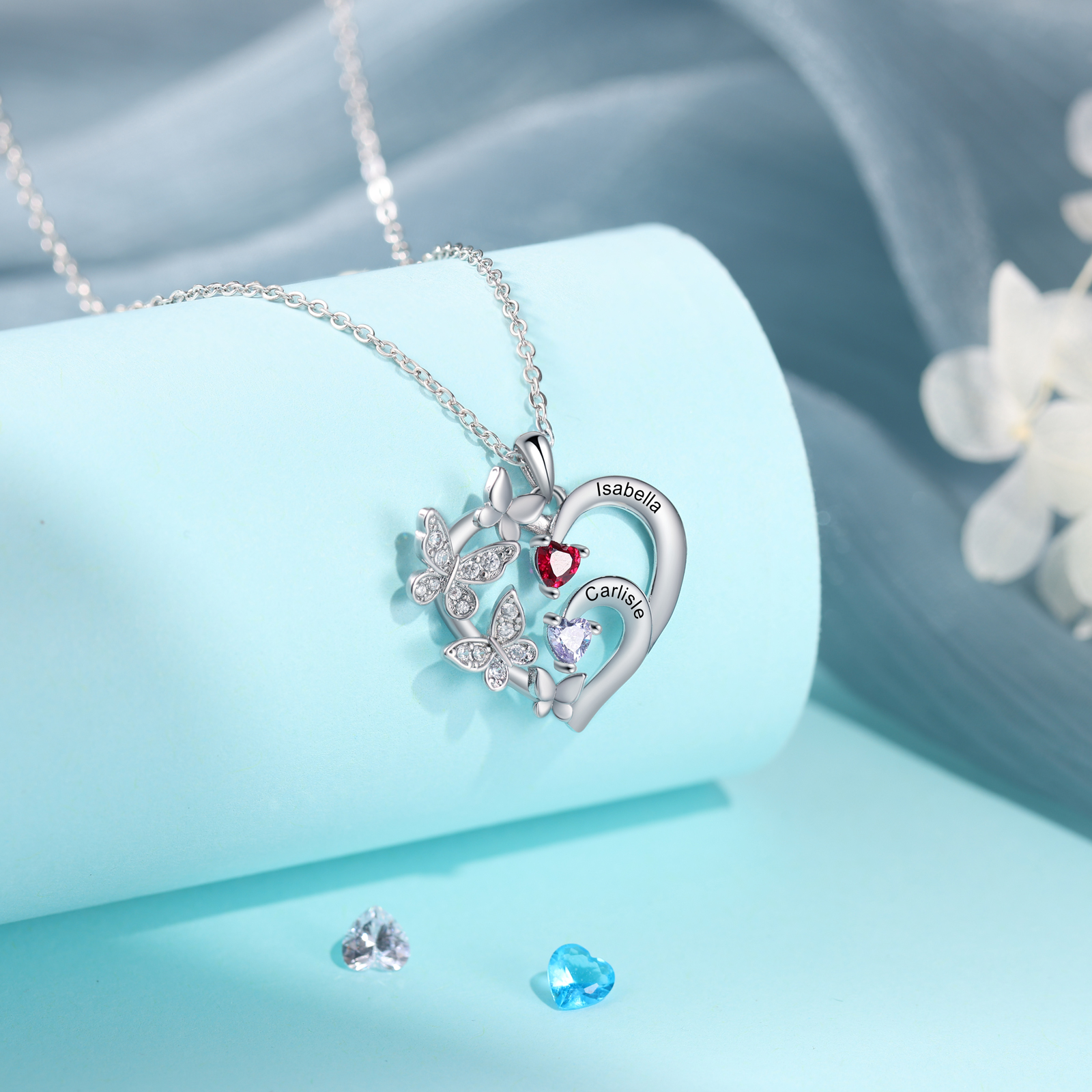 Personalised Necklace Butterfly Custom 2 Birthstones and 2 Names Ideal Jewelry for Her | Jessemade