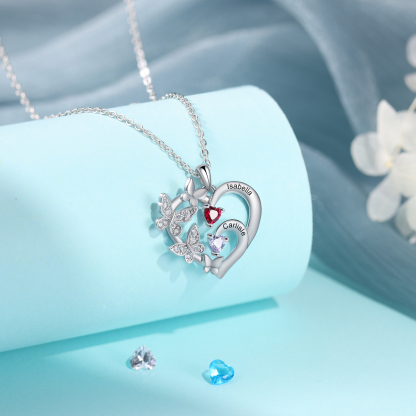 Personalised Necklace Butterfly Custom 2 Birthstones and 2 Names Ideal Jewelry for Her | Jessemade