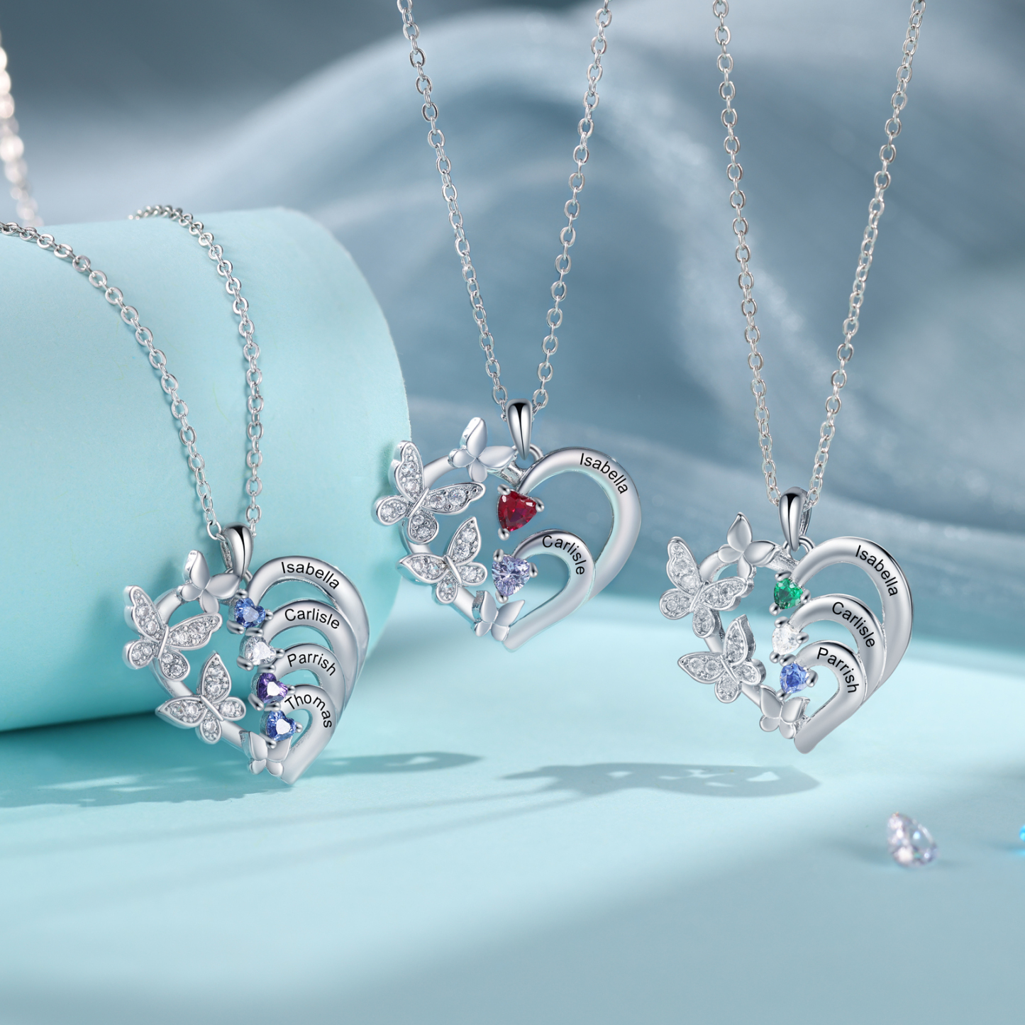 Personalised Necklace Butterfly Custom 4 Birthstones and 4 Names Ideal Jewelry for Her | Jessemade