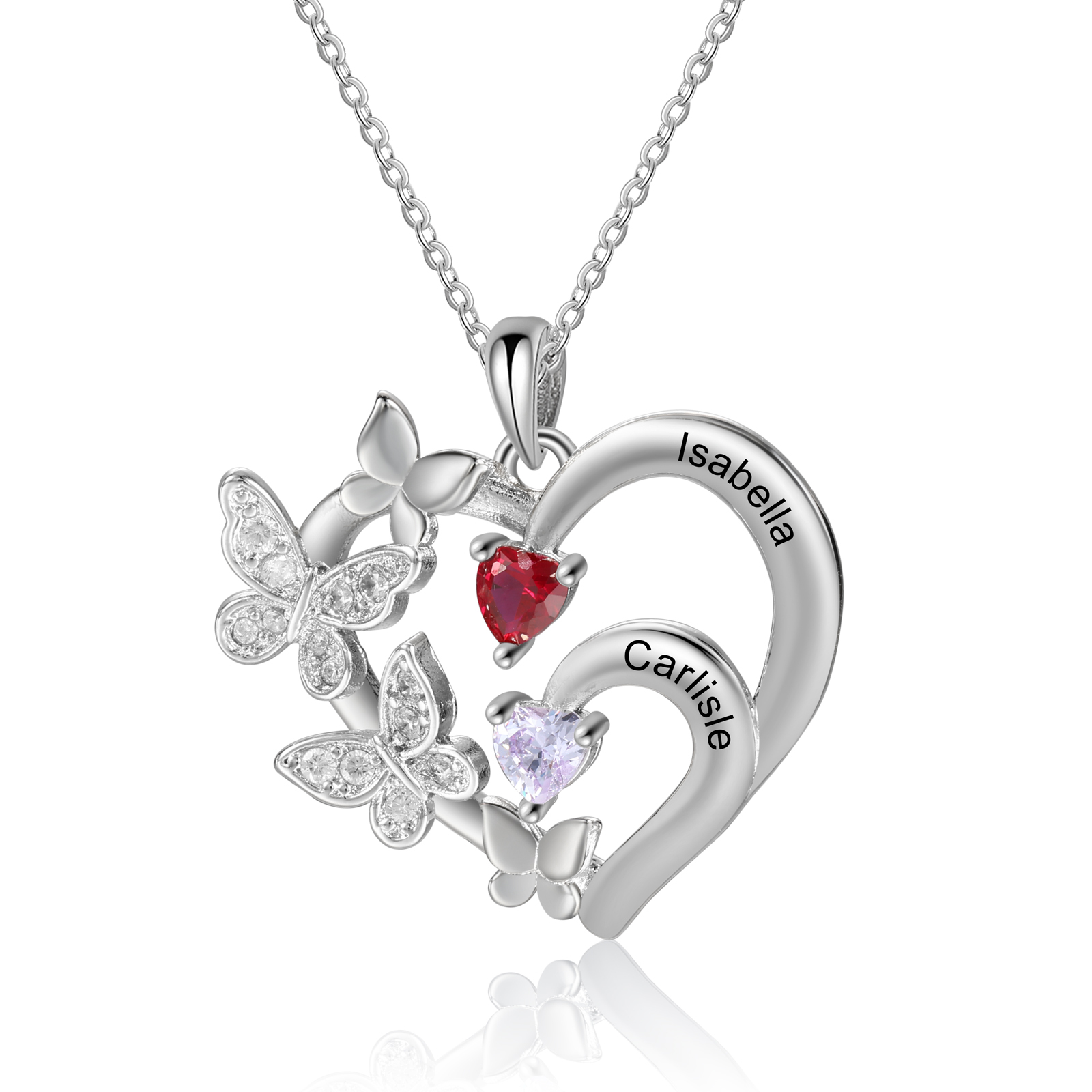 Personalised Birthstone Butterfly Necklace – Custom Heart Pendant with Names & Simulated Stones | Jessemade