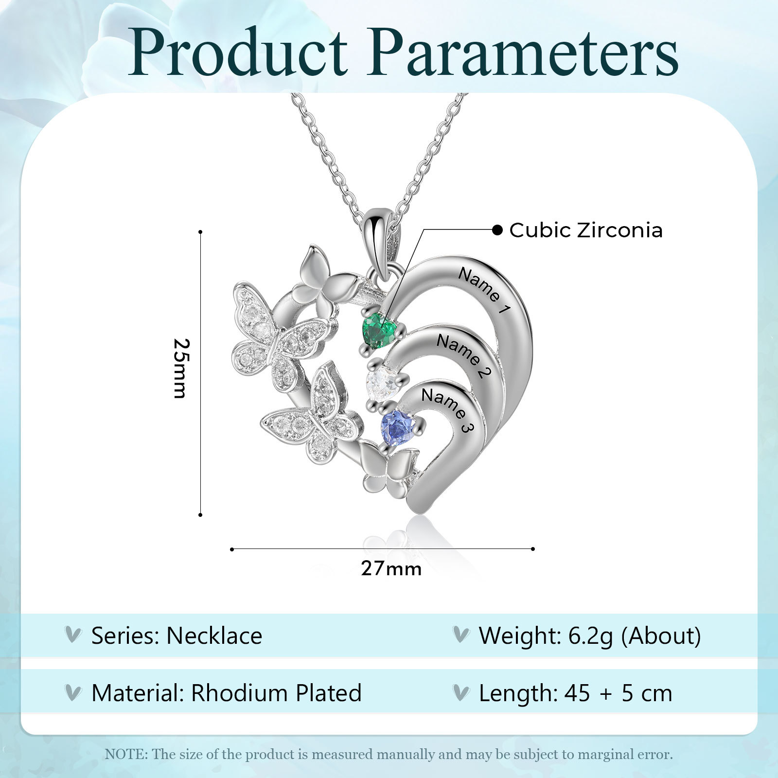 Personalised Necklace Butterfly Custom 3 Birthstones and 3 Names Ideal Jewelry for Her | Jessemade