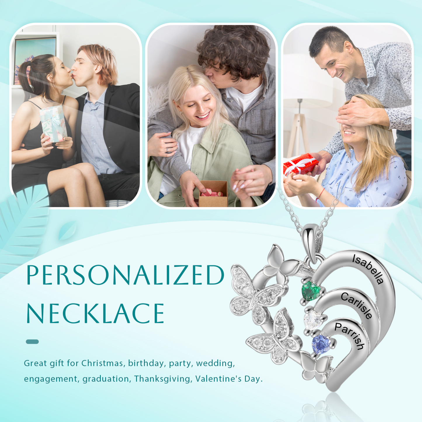 Personalised Necklace Butterfly Custom 3 Birthstones and 3 Names Ideal Jewelry for Her | Jessemade