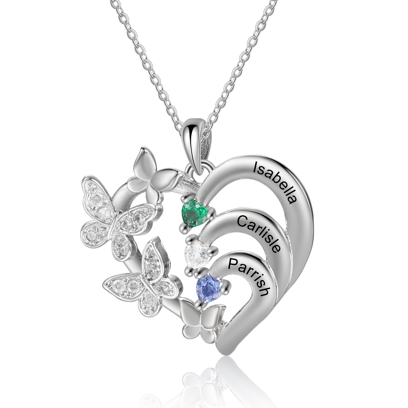 Personalised 3-Name Birthstone Butterfly Heart Necklace – Custom Silver Pendant Gift for Mum or Nan | Jessemade