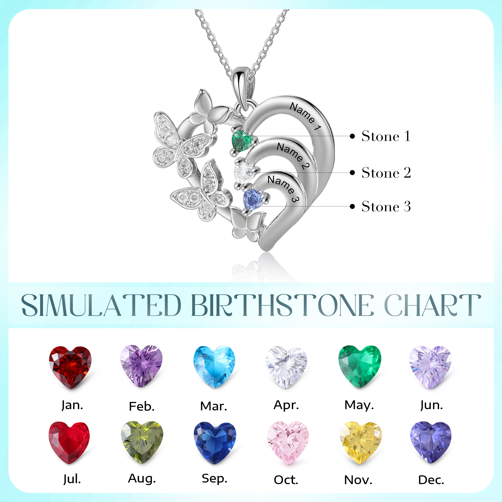 Personalised Necklace Butterfly Custom 3 Birthstones and 3 Names Ideal Jewelry for Her | Jessemade