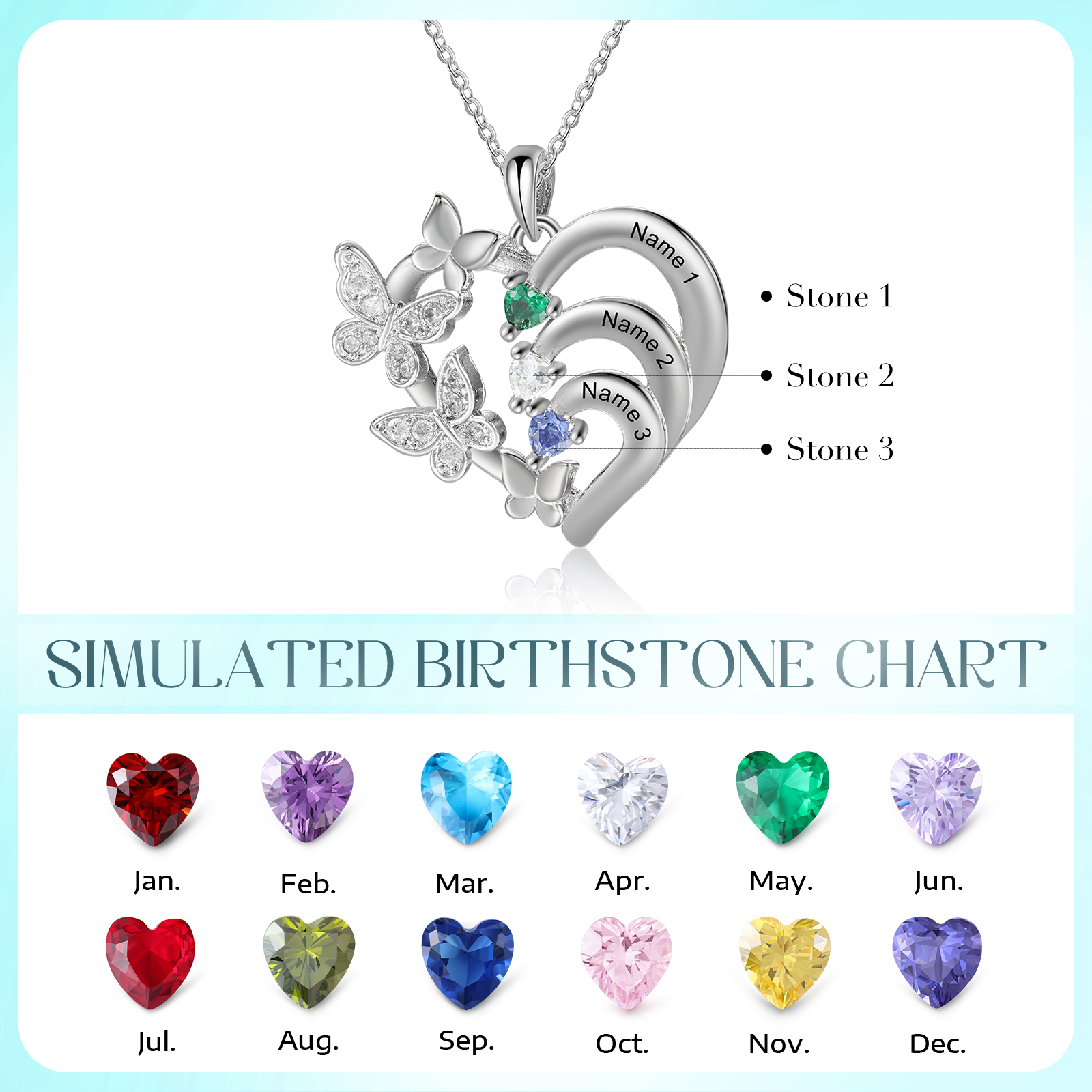 Personalised Necklace Butterfly Custom 3 Birthstones and 3 Names Ideal Jewelry for Her | Jessemade