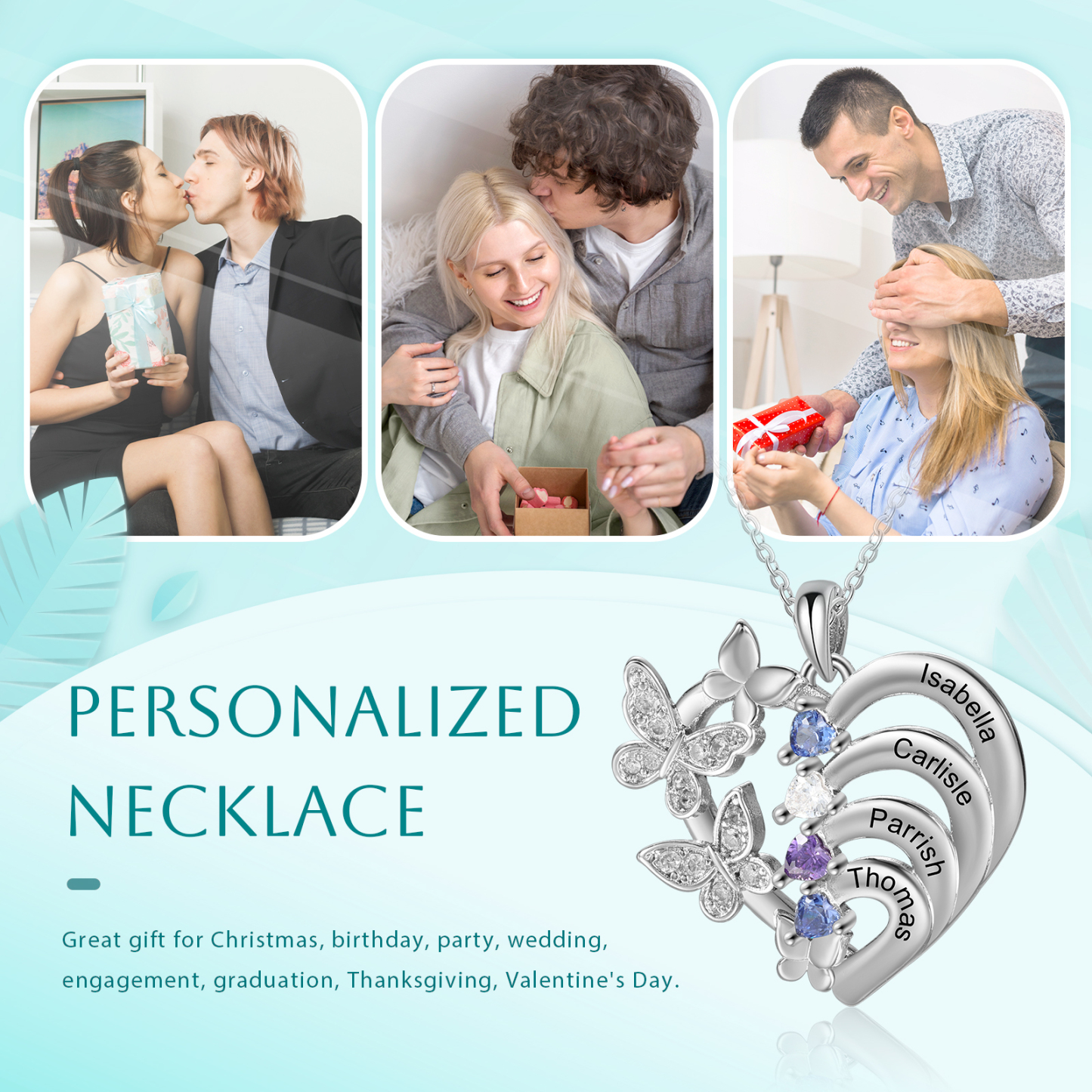 Personalised Necklace Butterfly Custom 4 Birthstones and 4 Names Ideal Jewelry for Her | Jessemade