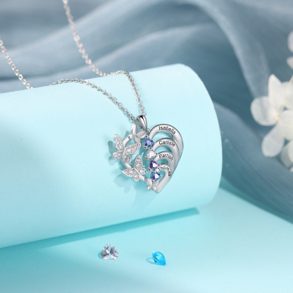 Personalised Necklace Butterfly Custom 4 Birthstones and 4 Names Ideal Jewelry for Her | Jessemade