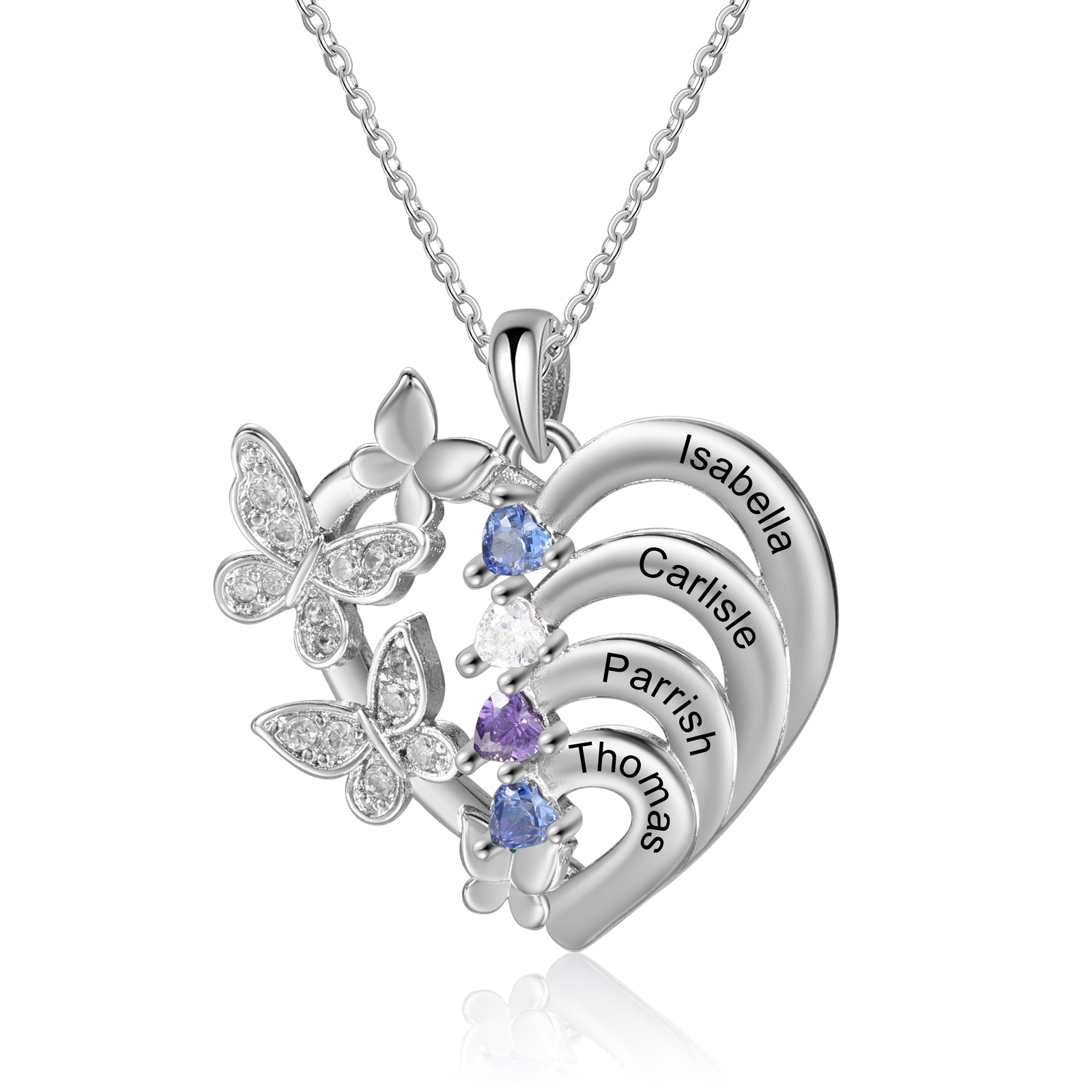 Personalised 4-Name Butterfly Heart Birthstone Necklace – Custom Silver Mum Gift for Birthday or Mother’s Day | Jessemade