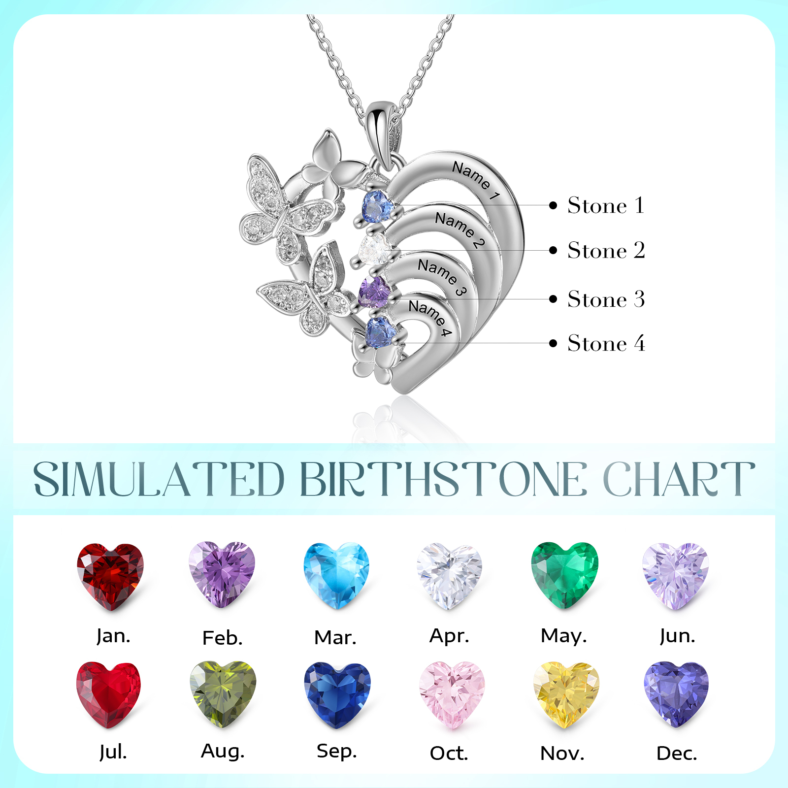 Personalised Necklace Butterfly Custom 4 Birthstones and 4 Names Ideal Jewelry for Her | Jessemade