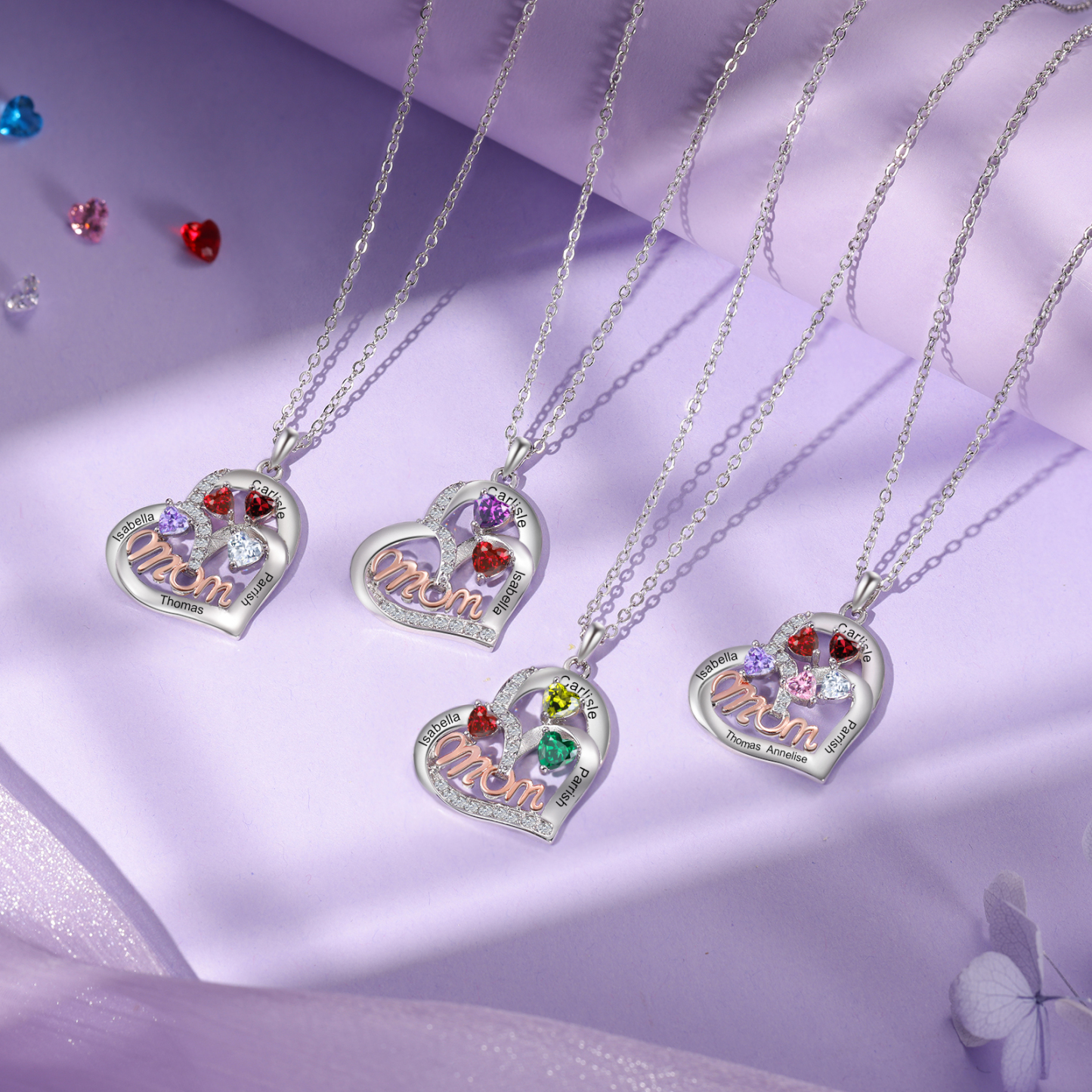 To my Mum/Mom-Personalised Heart Necklace with 4 Names & Birthstones Custom Gift for Mothers' Day | Jessemade