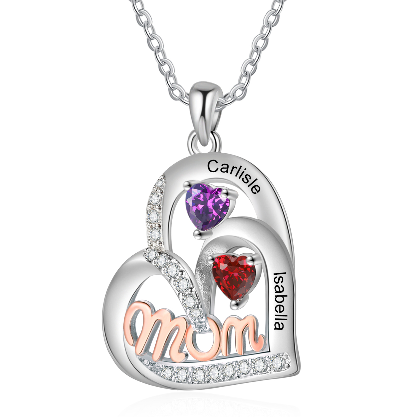 Custom Heart Necklace with 2 Names & Birthstones – Mum’s Gift | Jessemade