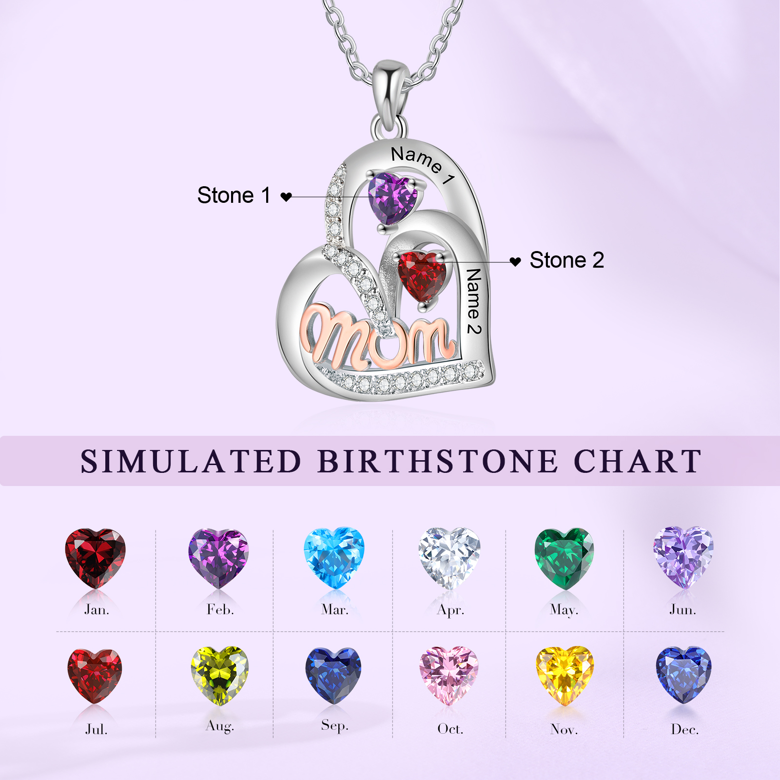 To my Mum/Mom-Personalised Heart Necklace with 1 Name & Birthstone Custom Gift for Mothers' Day | Jessemade