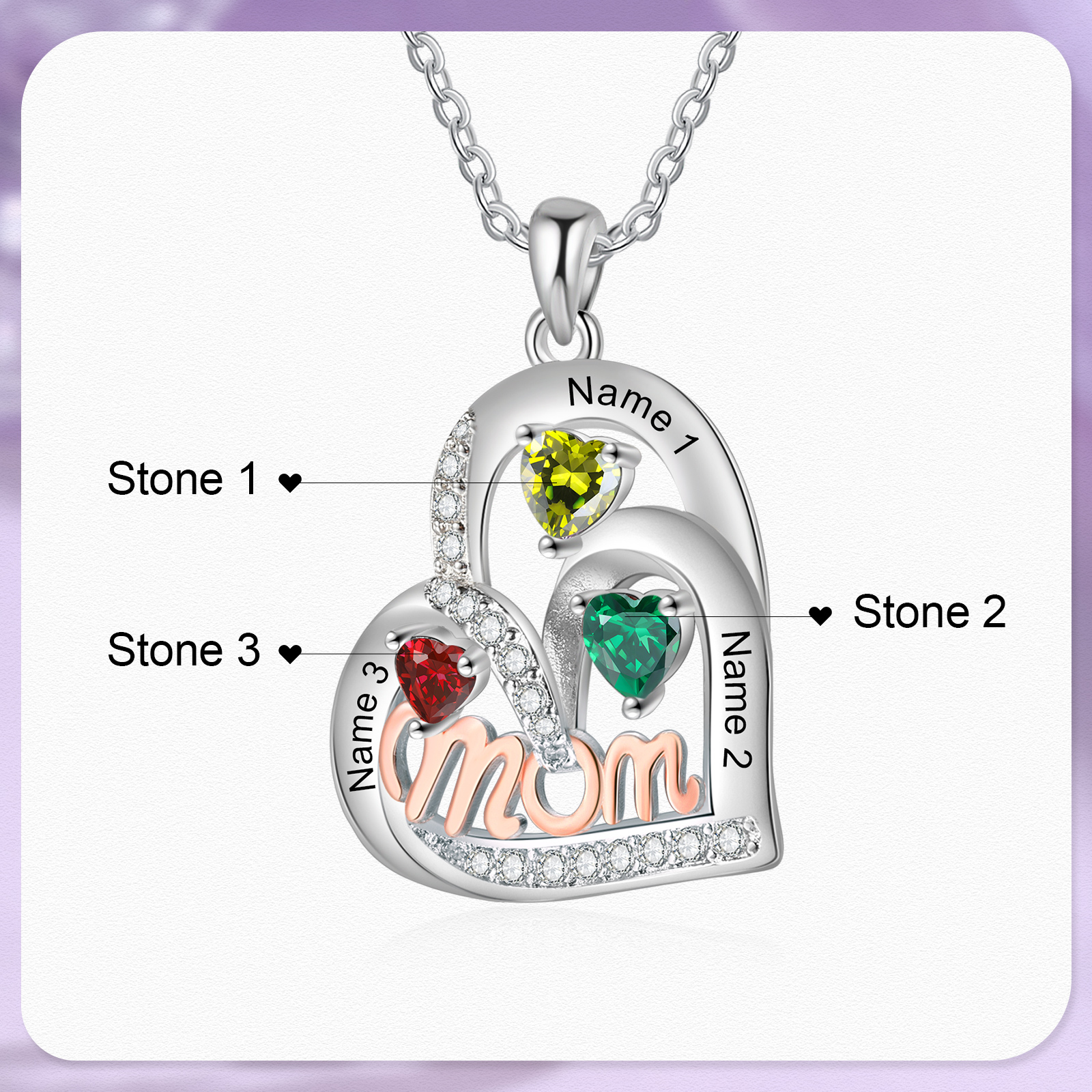 To my Mum/Mom-Personalised Heart Necklace with 3 Names & Birthstones Custom Gift for Mothers' Day | Jessemade