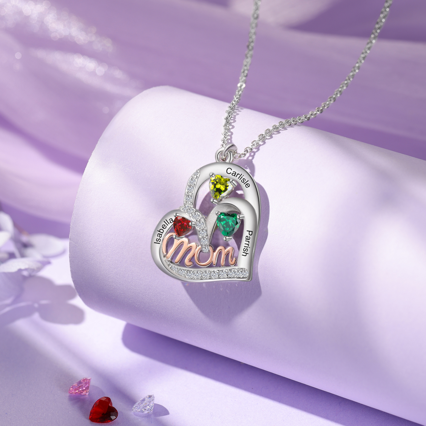 To my Mum/Mom-Personalised Heart Necklace with 3 Names & Birthstones Custom Gift for Mothers' Day | Jessemade