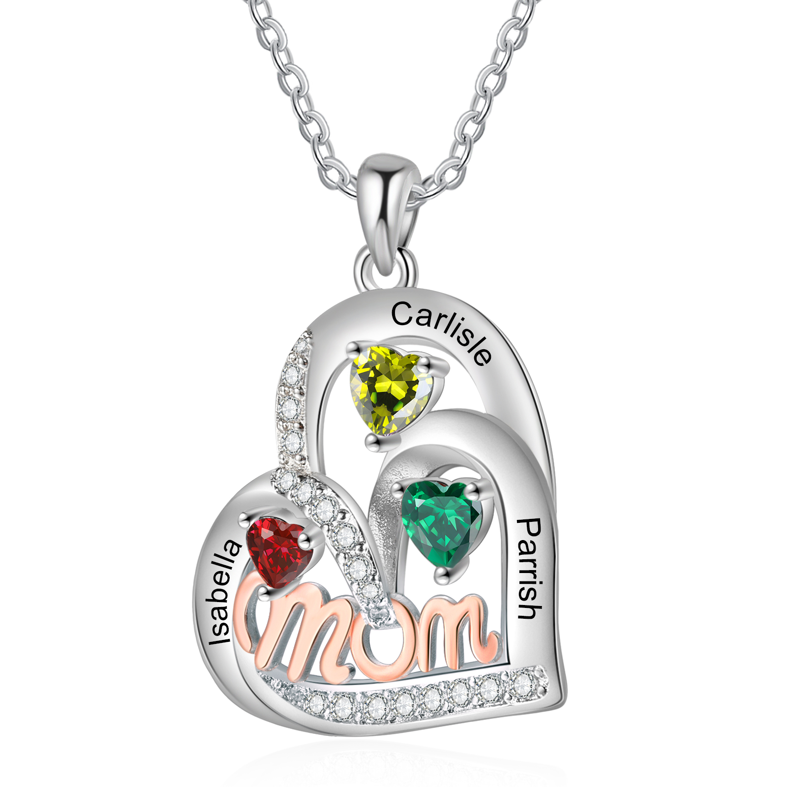 To my Mum/Mom-Personalised Heart Necklace with 3 Names & Birthstones Custom Gift for Mothers' Day | Jessemade