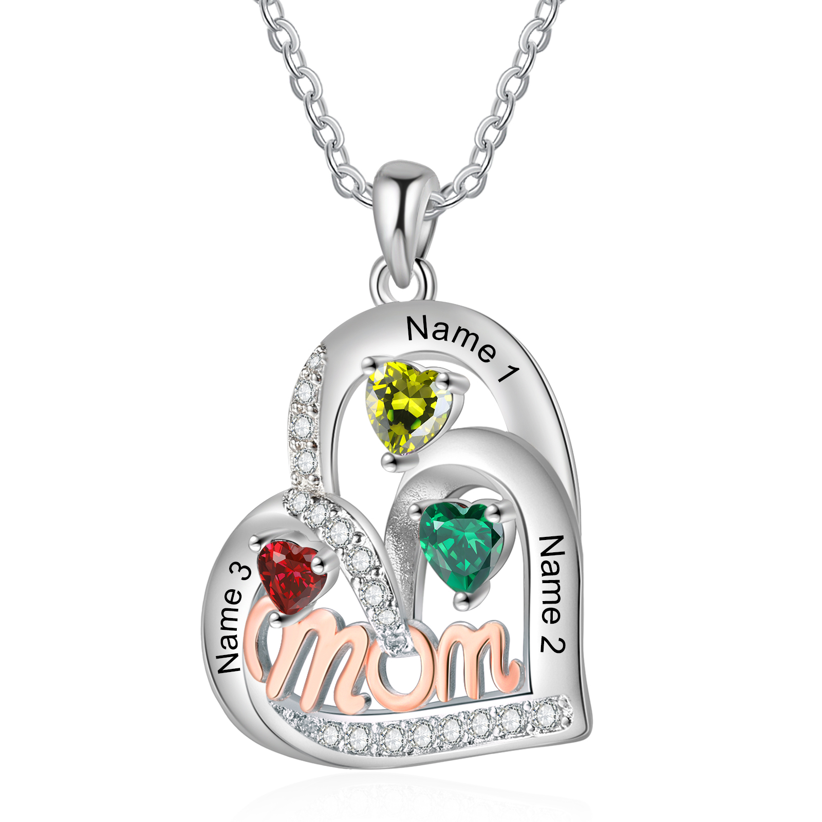 To my Mum/Mom-Personalised Heart Necklace with 3 Names & Birthstones Custom Gift for Mothers' Day | Jessemade
