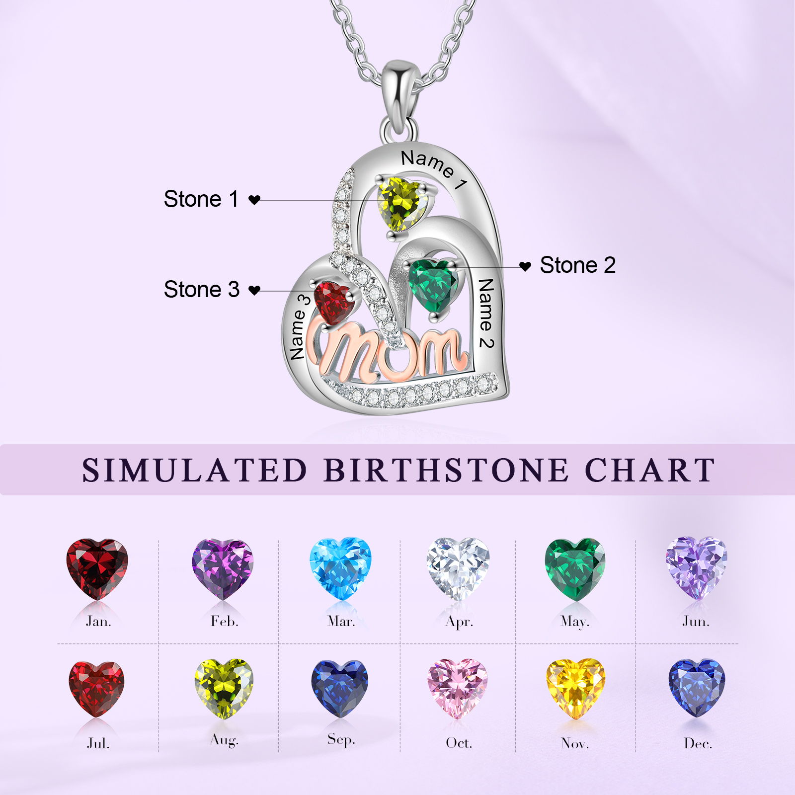 To my Mum/Mom-Personalised Heart Necklace with 3 Names & Birthstones Custom Gift for Mothers' Day | Jessemade