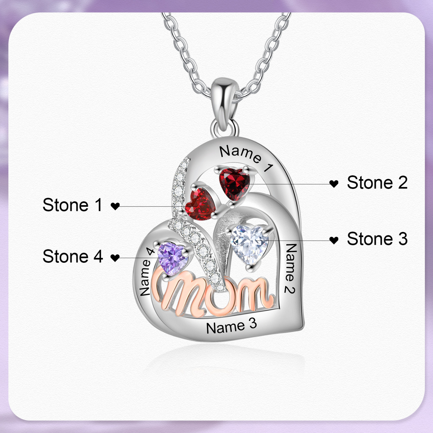 To my Mum/Mom-Personalised Heart Necklace with 4 Names & Birthstones Custom Gift for Mothers' Day | Jessemade