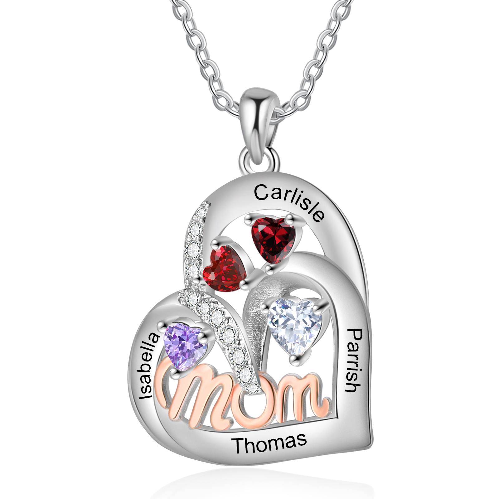 To my Mum/Mom-Personalised Heart Necklace with 4 Names & Birthstones Custom Gift for Mothers' Day | Jessemade