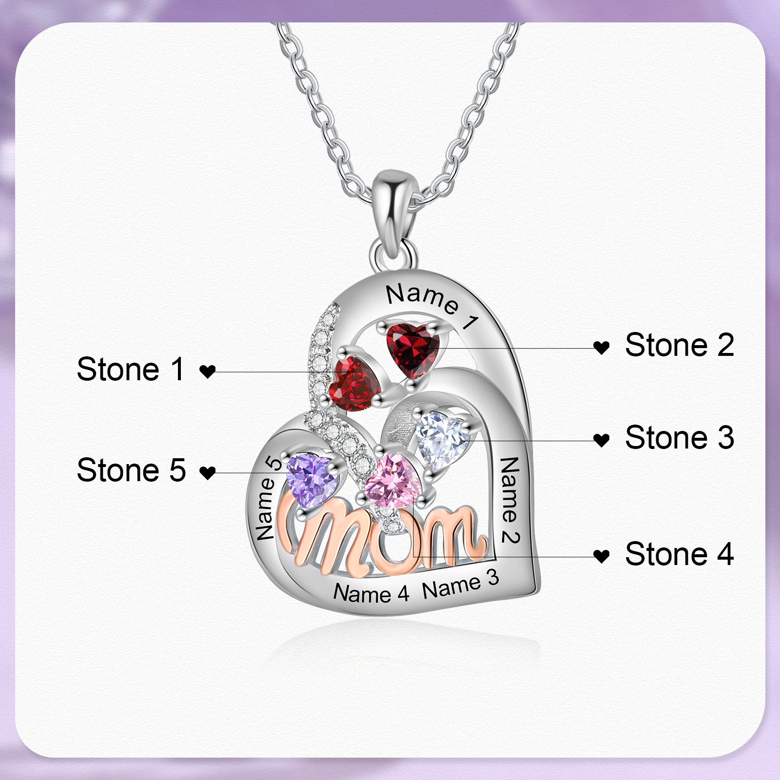 To my Mum/Mom-Personalised Heart Necklace with 5 Names & Birthstones Custom Gift for Mothers' Day | Jessemade