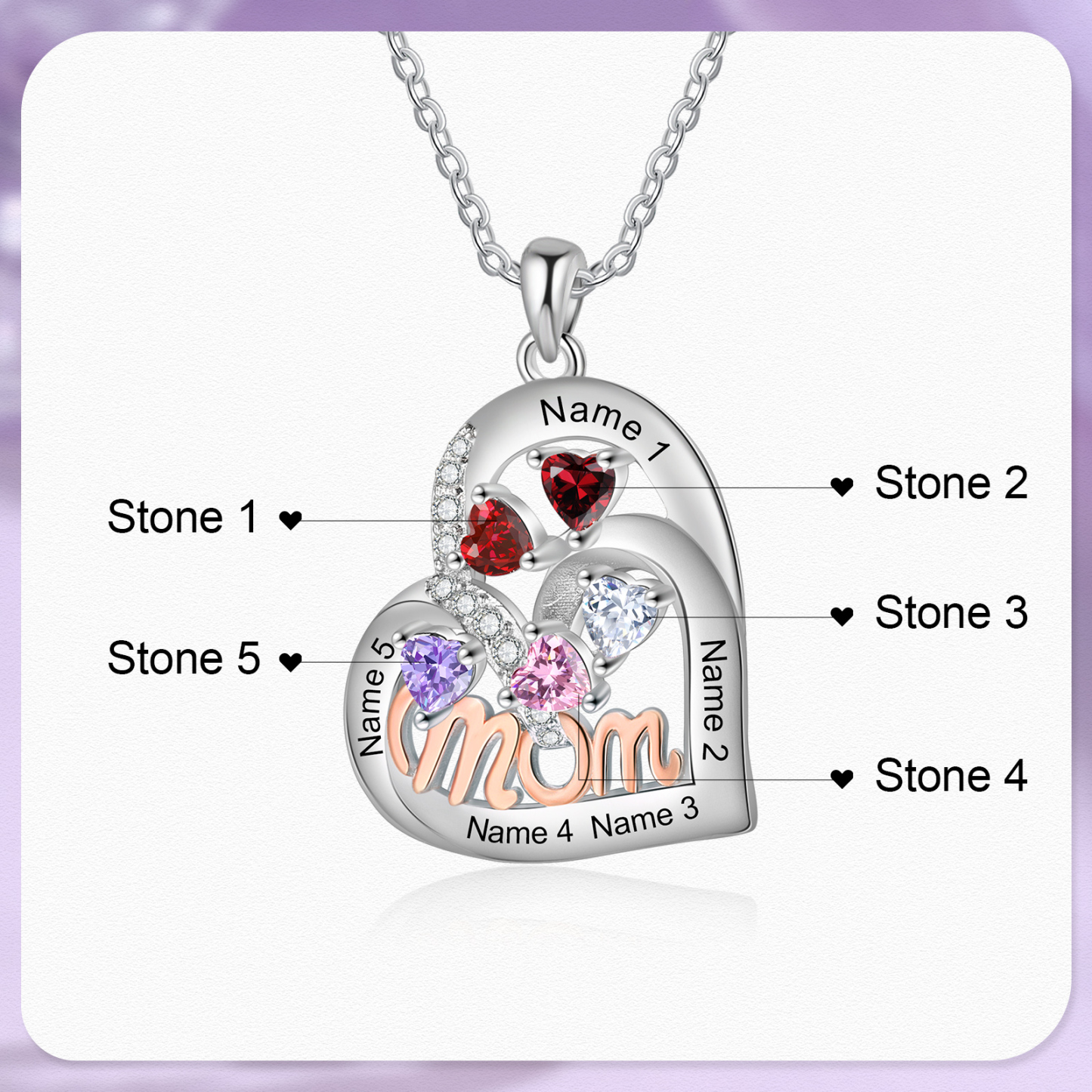 To my Mum/Mom-Personalised Heart Necklace with 5 Names & Birthstones Custom Gift for Mothers' Day | Jessemade