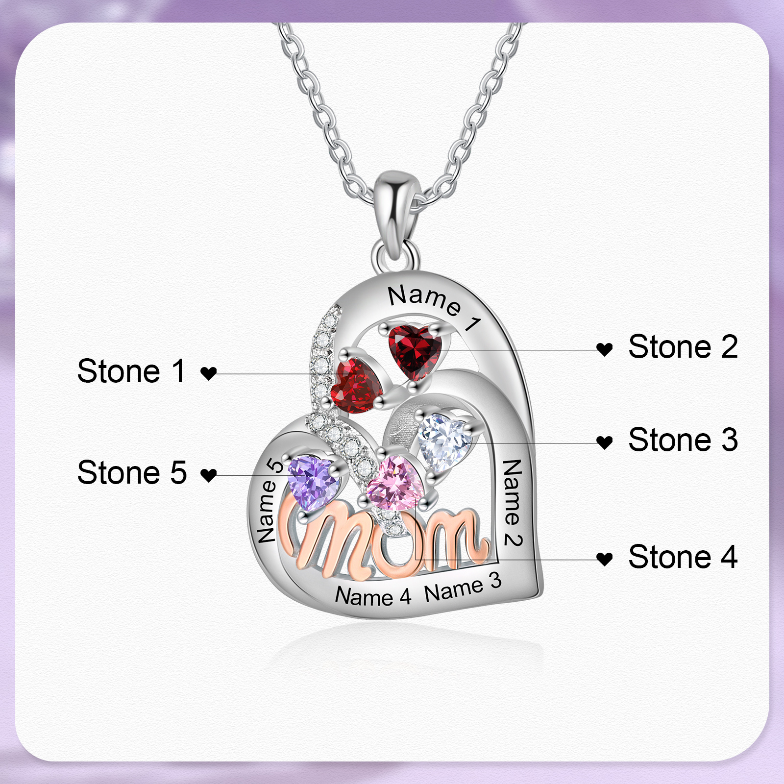 To my Mum/Mom-Personalised Heart Necklace with 5 Names & Birthstones Custom Gift for Mothers' Day | Jessemade