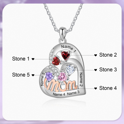 To my Mum/Mom-Personalised Heart Necklace with 5 Names & Birthstones Custom Gift for Mothers' Day | Jessemade