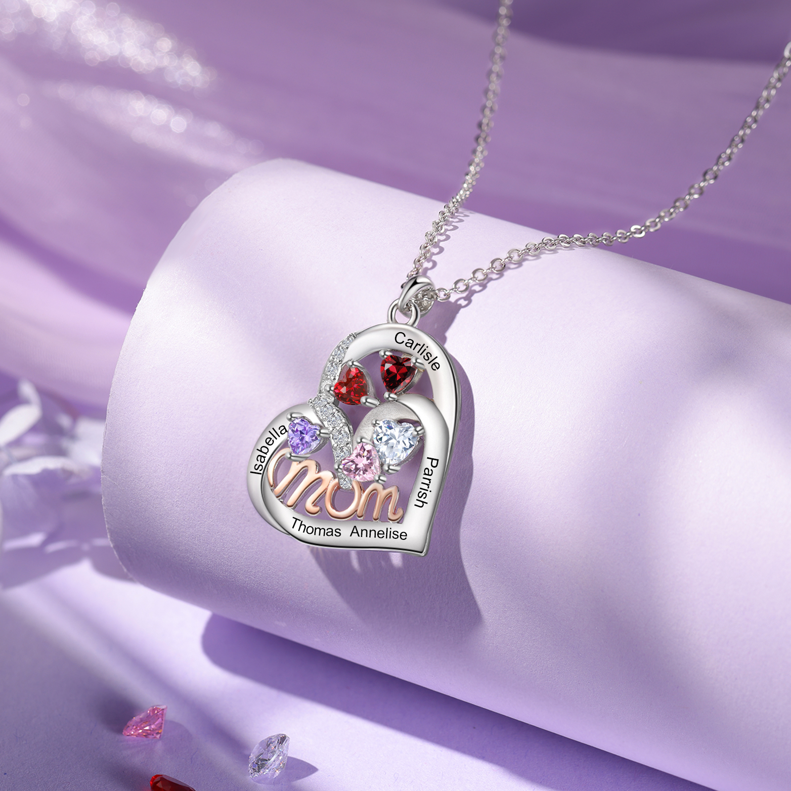 To my Mum/Mom-Personalised Heart Necklace with 5 Names & Birthstones Custom Gift for Mothers' Day | Jessemade