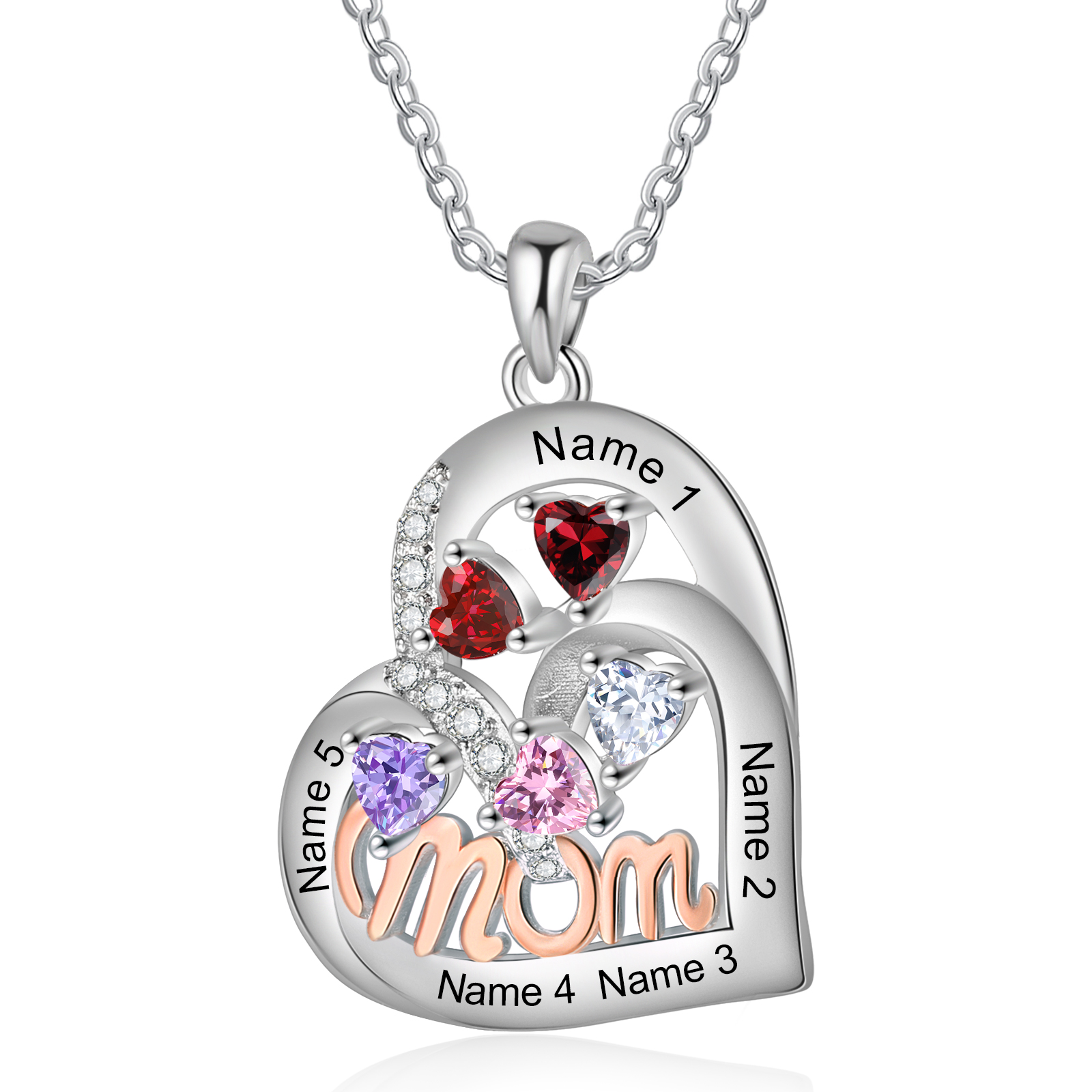 To my Mum/Mom-Personalised Heart Necklace with 5 Names & Birthstones Custom Gift for Mothers' Day | Jessemade