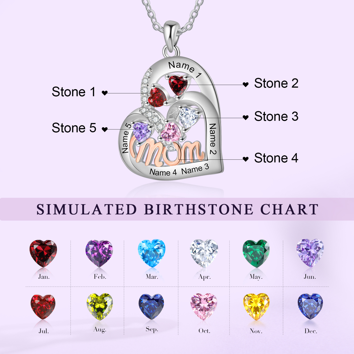 To my Mum/Mom-Personalised Heart Necklace with 5 Names & Birthstones Custom Gift for Mothers' Day | Jessemade