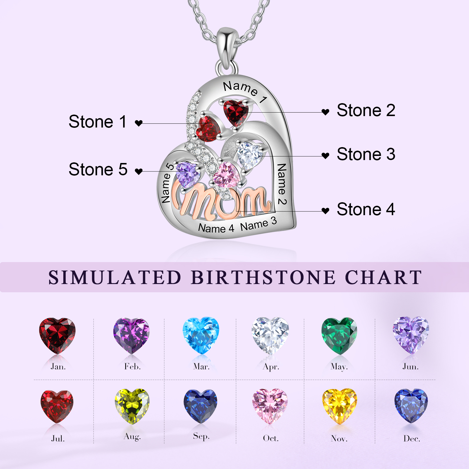 To my Mum/Mom-Personalised Heart Necklace with 5 Names & Birthstones Custom Gift for Mothers' Day | Jessemade