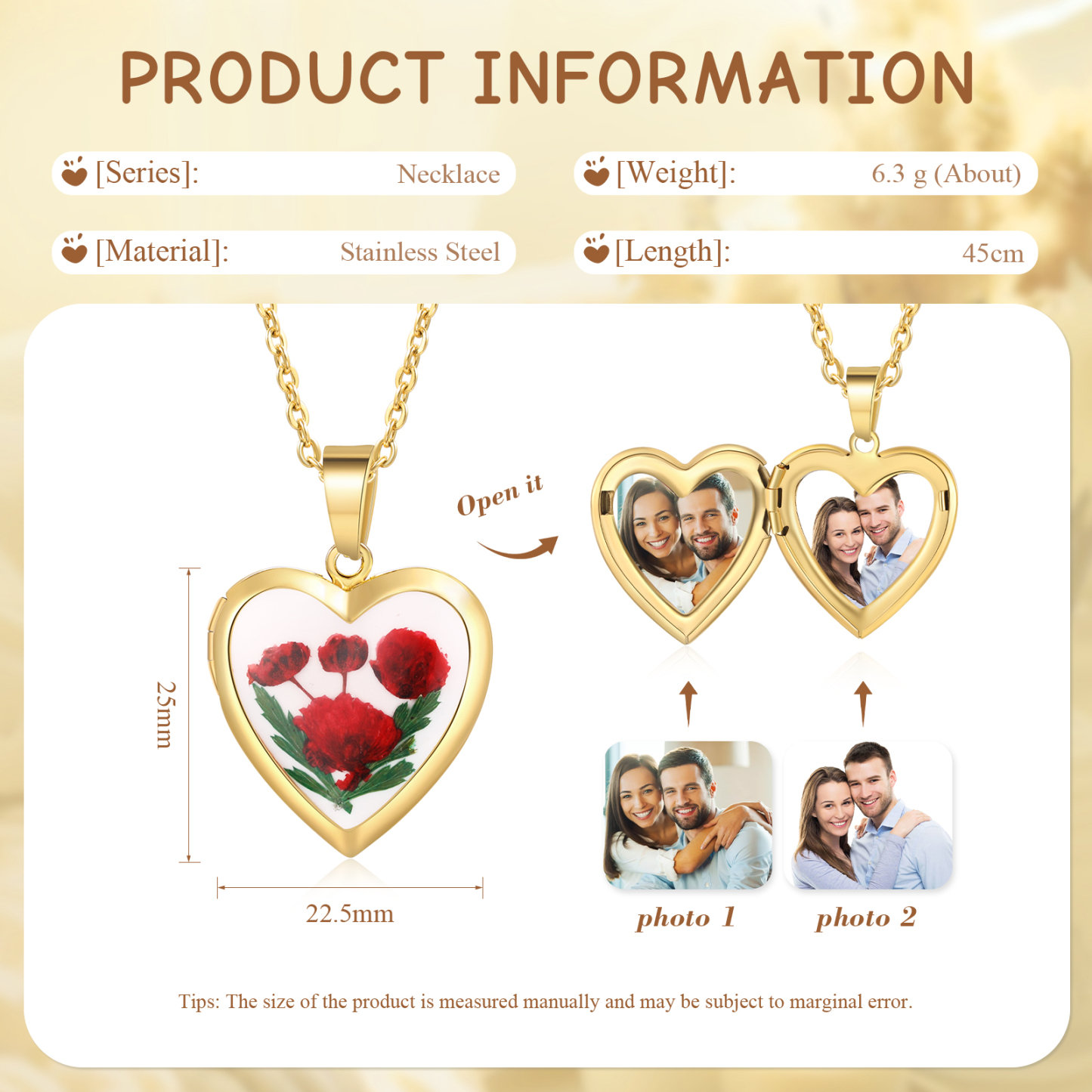Personalised Heart Shaped Locket Necklace Custom 2 Photos with Birth Flowers Romantic Gift for Her | Jessemde