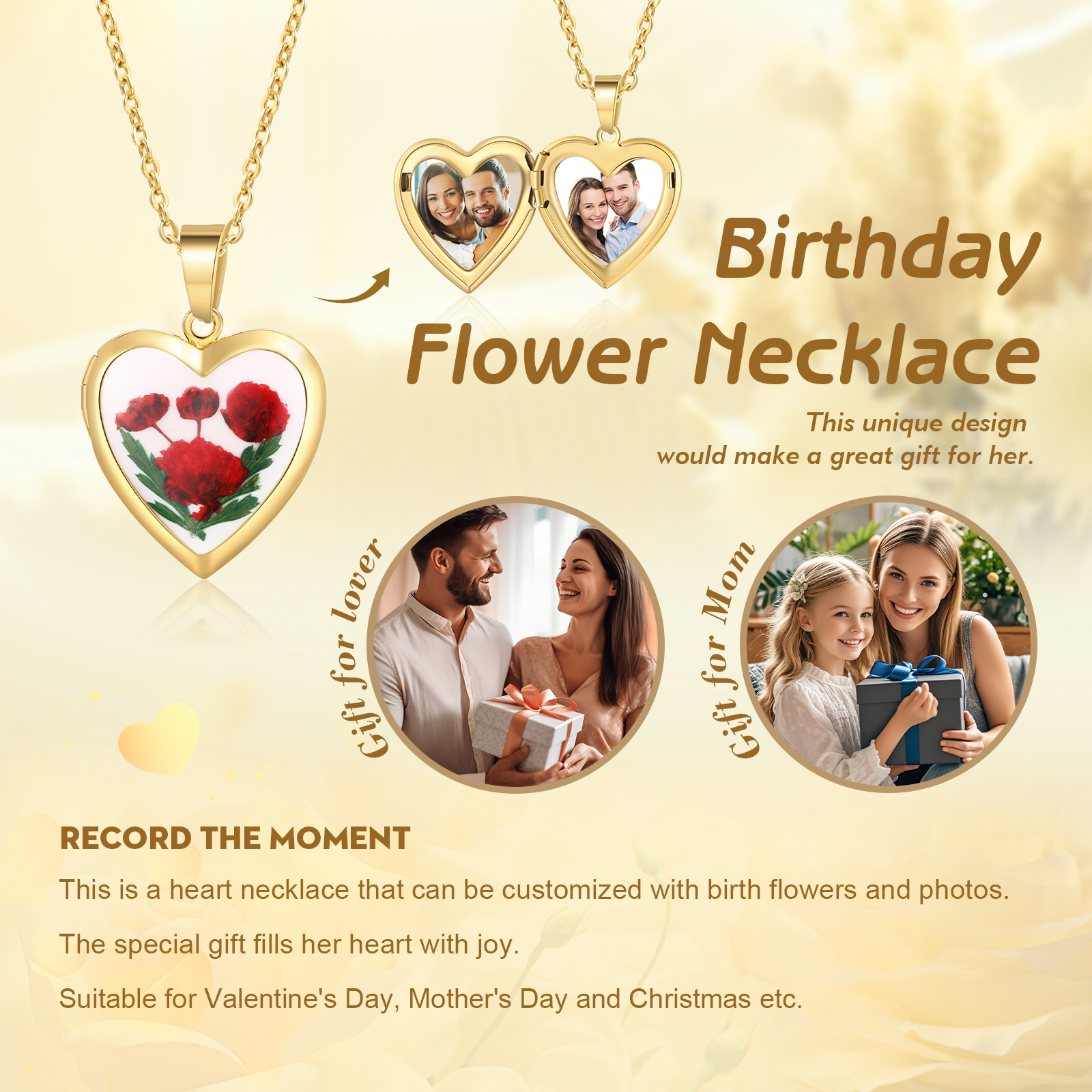 Personalised Heart Shaped Locket Necklace Custom 2 Photos with Birth Flowers Romantic Gift for Her | Jessemde
