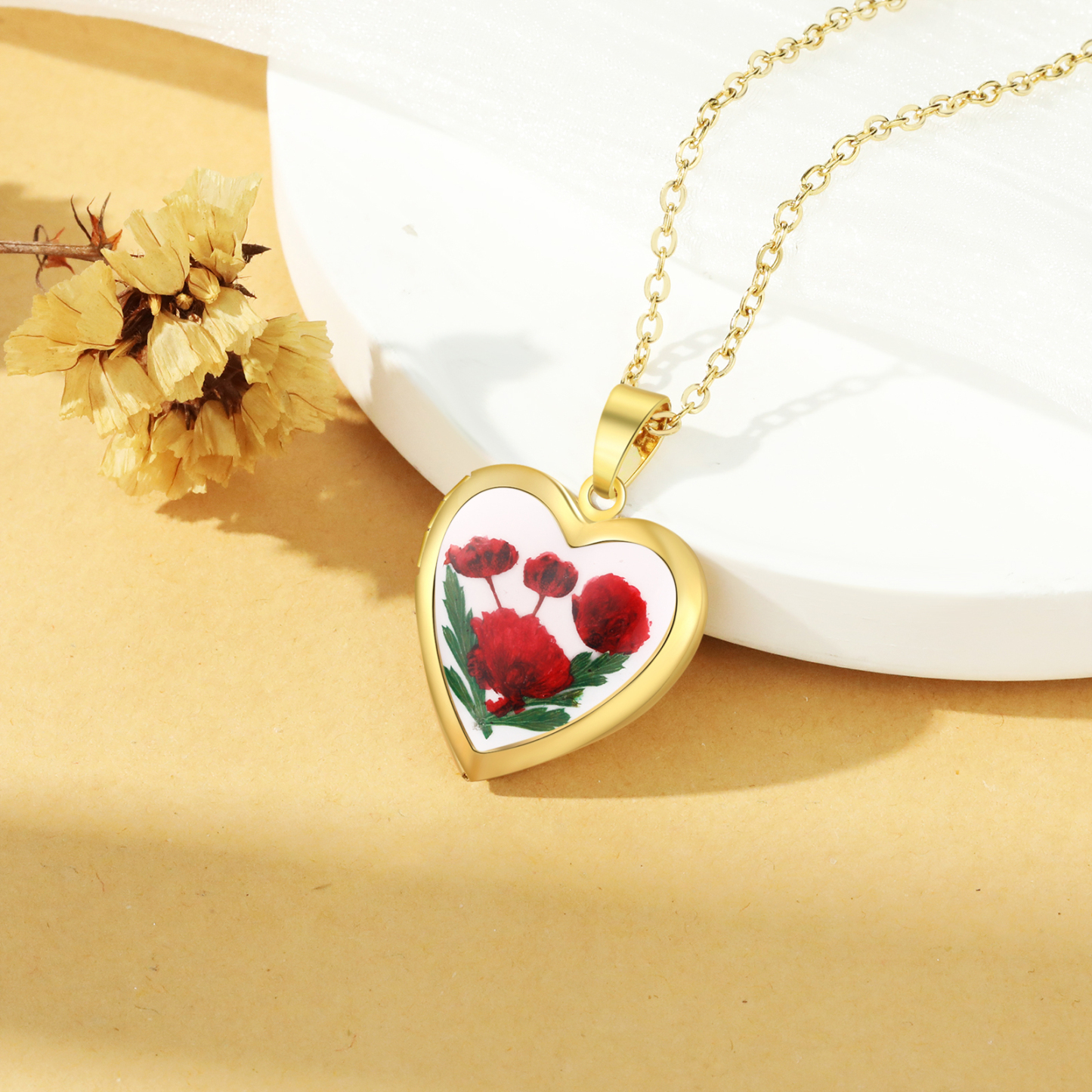 Personalised Heart Shaped Locket Necklace Custom 2 Photos with Birth Flowers Romantic Gift for Her | Jessemde