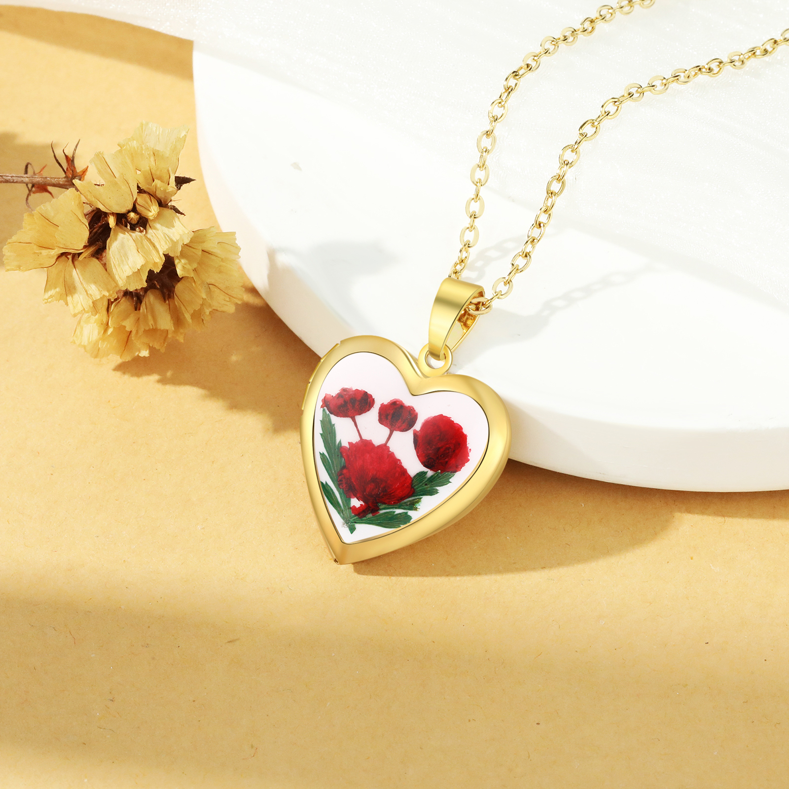 Personalised Heart Shaped Locket Necklace Custom 2 Photos with Birth Flowers Romantic Gift for Her | Jessemde