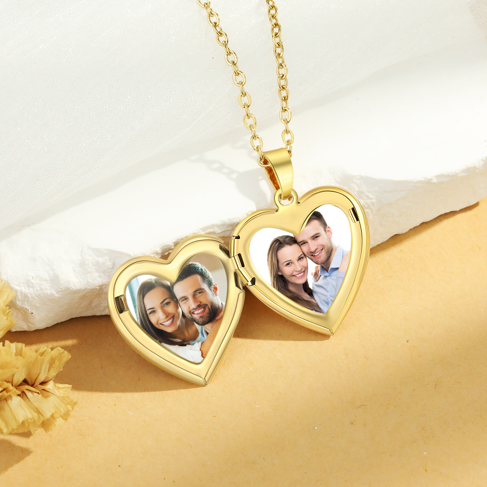Personalised Heart Shaped Locket Necklace Custom 2 Photos with Birth Flowers Romantic Gift for Her | Jessemde